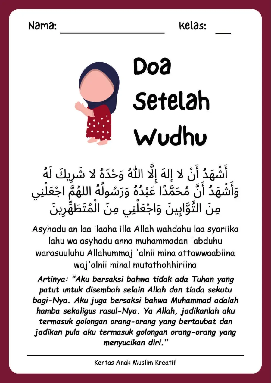 Preview Lembar Kerja PAUD: Membaca dan Menghafal Doa Setelah Wudhu