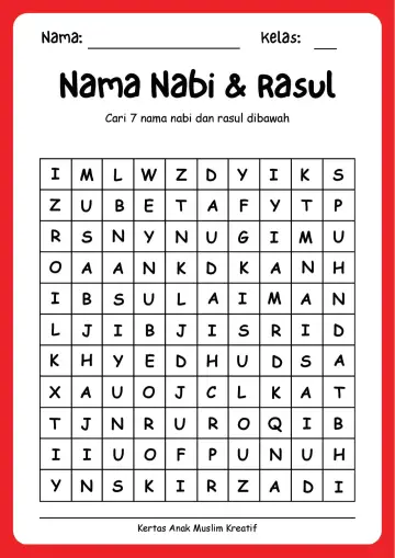 Lembar Kerja PAUD: Menemukan Nama Nabi dan Rasul Permainan Cari Kata - Lembar Kerja