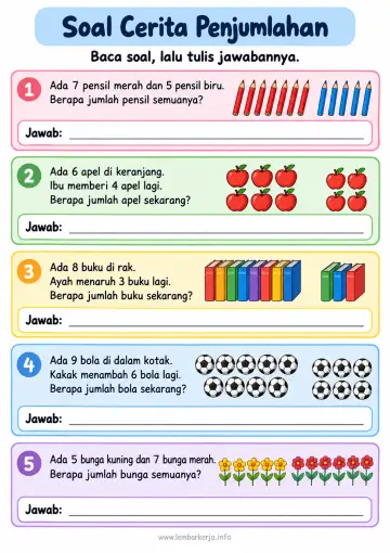 Soal Cerita Penjumlahan Bergambar Matematika Sd - Lembar Kerja
