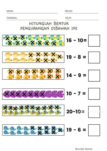Latihan Soal Pengurangan Belasan Sampai Dua Puluh - Lembar Kerja