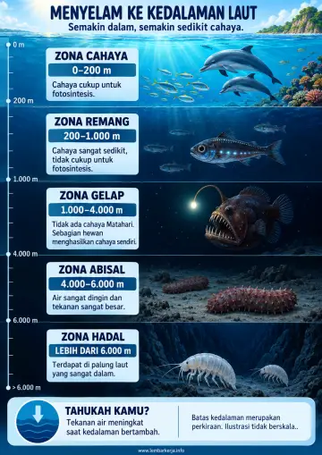 Menyelam ke Kedalaman Laut Zona Cahaya dan Kedalaman - Poster / Infografis