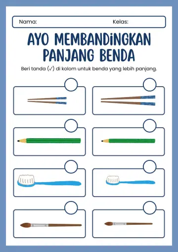 Membandingkan Panjang Benda Memberi Tanda Centang Lebih Panjang - Lembar Kerja