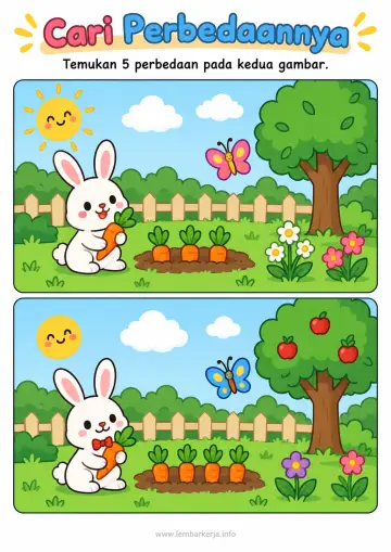 Cari 5 Perbedaan Gambar Kelinci di Kebun Wortel - Lembar Kerja