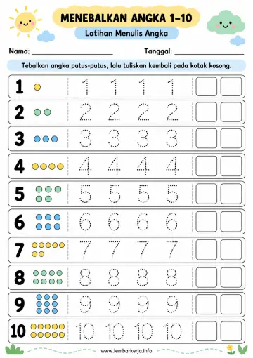 Menebalkan Angka 1 Sampai 10 Latihan Menulis Angka - Lembar Kerja