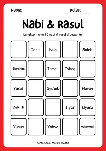 Lembar Kerja PAUD: Melengkapi Urutan 25 Nama Nabi dan Rasul Tingkat 1 - Lembar Kerja