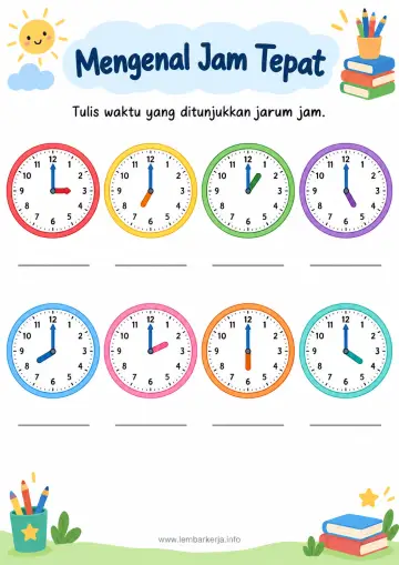 Mengenal Jam Tepat Membaca Waktu Jarum Jam Analog - Lembar Kerja