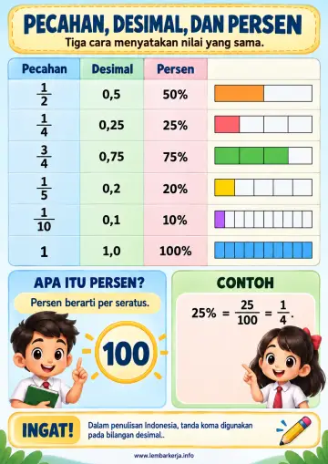 Tiga Cara Menyatakan Nilai Pecahan Desimal dan Persen - Poster / Infografis