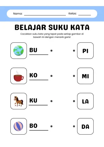 Mencocokkan Suku Kata yang Tepat pada Gambar - Lembar Kerja