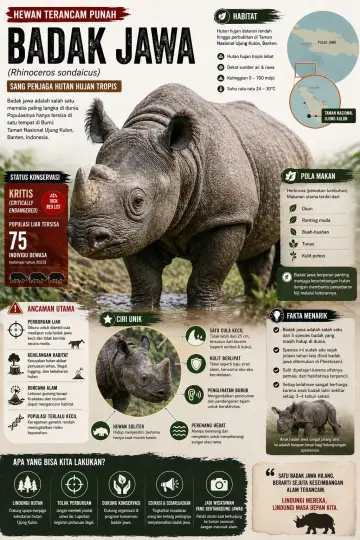 Hewan Terancam Punah Badak Jawa Penjaga Hutan Tropis - Poster / Infografis