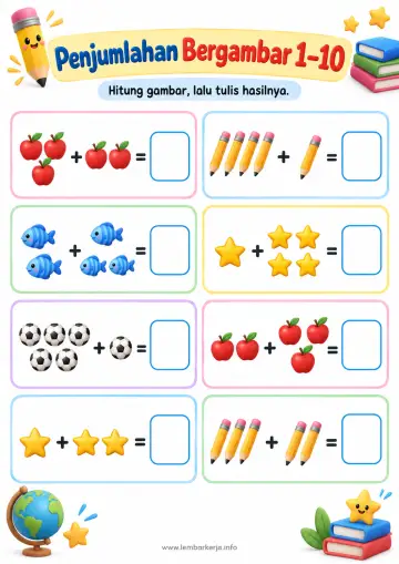 Penjumlahan Bergambar 1 Sampai 10 Matematika Sd - Lembar Kerja