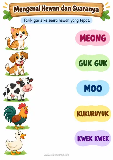 Mengenal Hewan dan Suaranya Menghubungkan Garis - Lembar Kerja