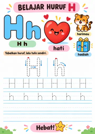 Belajar Menulis dan Menebalkan Huruf H - Lembar Kerja