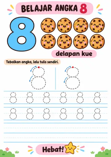 Belajar Menulis dan Menebalkan Angka 8 - Lembar Kerja