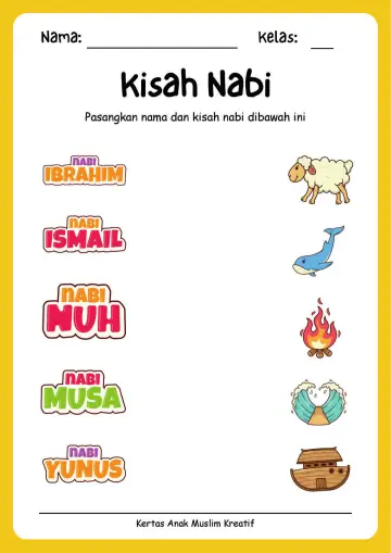 Lembar Kerja PAUD: Menjodohkan Nama Nabi dengan Kisah Teladannya - Lembar Kerja