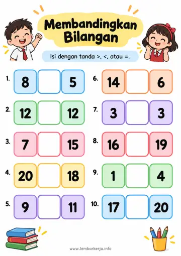 Membandingkan Dua Bilangan Cacah Sampai 20 - Lembar Kerja