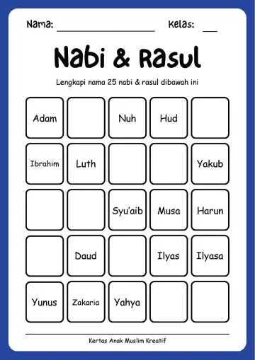 Lembar Kerja PAUD: Melengkapi Urutan 25 Nama Nabi dan Rasul Tingkat 2 - Lembar Kerja