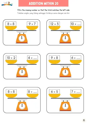 Penjumlahan Bilangan Sampai 20 Kesetaraan Nilai Timbangan - Lembar Kerja