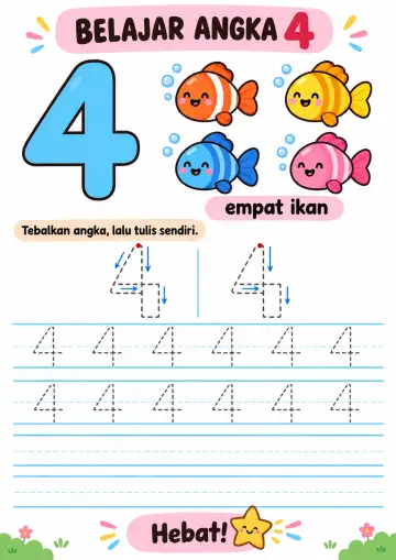 Belajar Menulis dan Menebalkan Angka 4 - Lembar Kerja