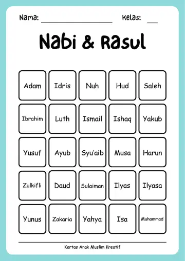 Lembar Kerja PAUD: Mengenal dan Menghafal Lengkap 25 Nama Nabi dan Rasul - Lembar Kerja