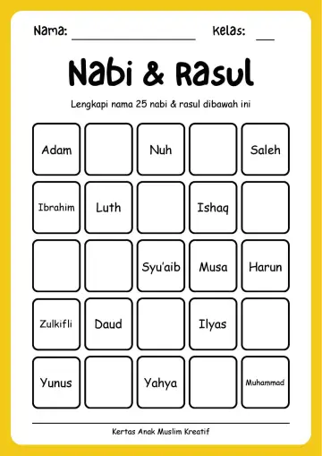 Lembar Kerja PAUD: Melengkapi Urutan 25 Nama Nabi dan Rasul Tingkat 4 - Lembar Kerja