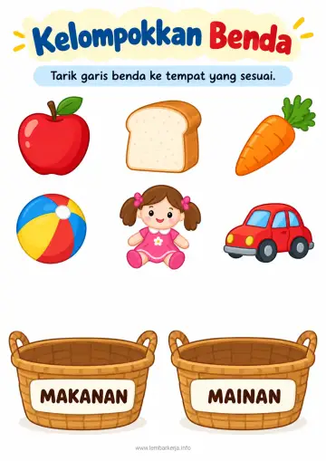 Mengelompokkan Benda Kategori Makanan dan Mainan - Lembar Kerja