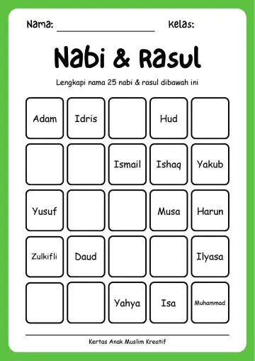 Lembar Kerja PAUD: Melengkapi Urutan 25 Nama Nabi dan Rasul Tingkat 3 - Lembar Kerja