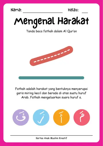 Lembar Kerja PAUD: Mengenal Harakat Tanda Baca Fathah Dalam Al Quran - Lembar Kerja