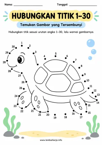 Hubungkan Titik 1 Sampai 30 Kura Kura dan Mewarnai - Lembar Kerja