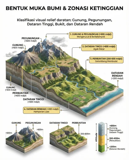Bentuk Muka Bumi & Zonasi Ketinggian : Poster Geografi SD/SMP